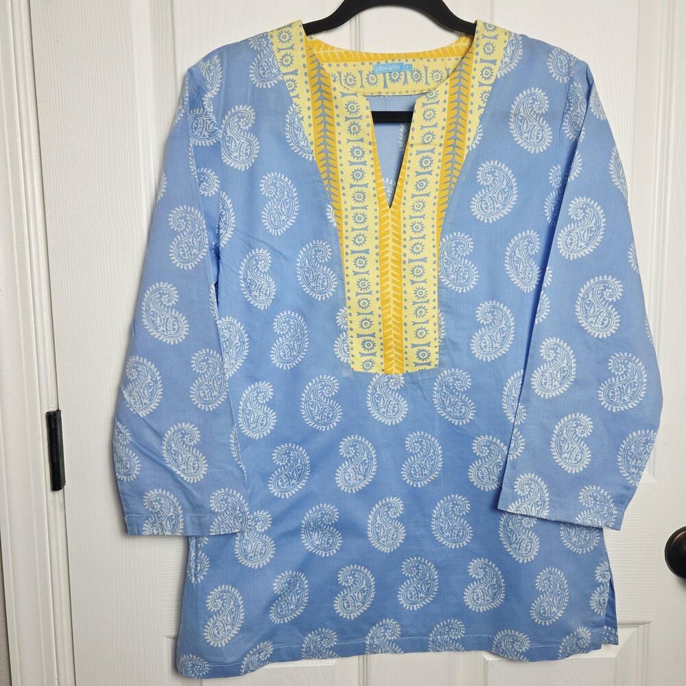 J. McLaughlin Shirt Womens M Blue Paisley Tunic V Neck Long Sleeve Boho
